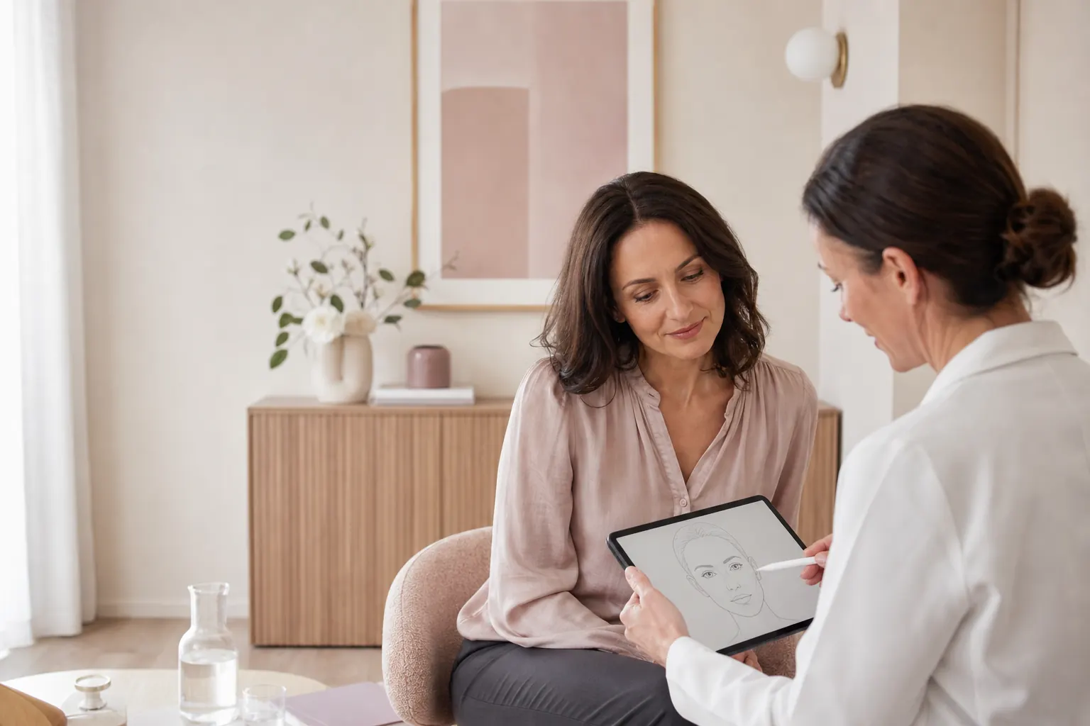 Patiente et professionnelle de santé lors d’une consultation d’information esthétique