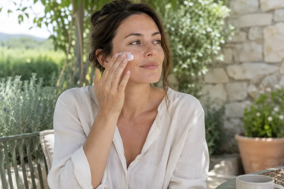 Femme fictive appliquant une protection solaire sur sa joue, à l’ombre d’une terrasse