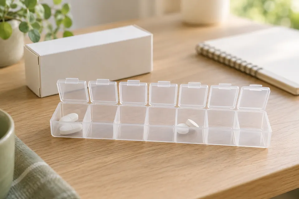 Pilulier transparent à sept compartiments posé sur un bureau