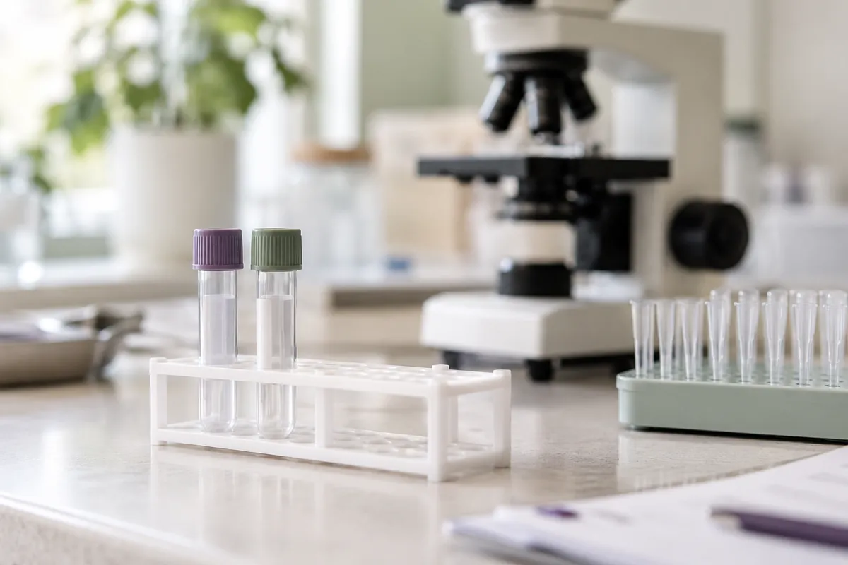 Matériel de laboratoire fictif, tubes fermés et microscope