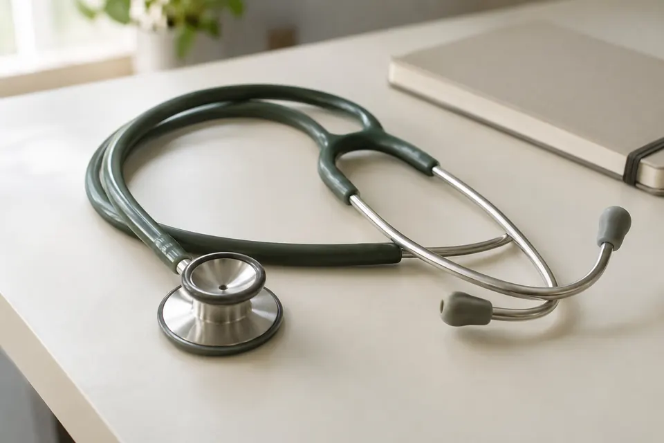 Stéthoscope générique posé sur une table de consultation